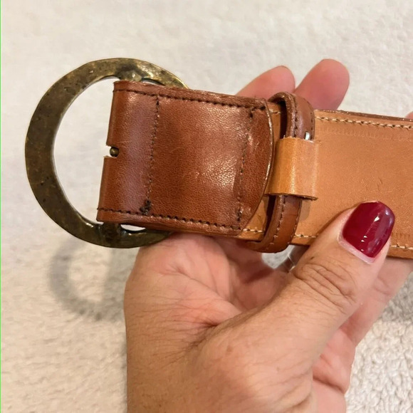Zele' Brown Leather Belt 30 Med Cowhide Brass Circle Buckle 2" Wide Boho Classic - Picture 6 of 11